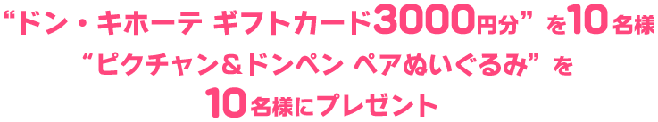 “ドン・キホーテ ギフトカード3000円分”を10名様　“ピクチャン＆ドンペン ペアぬいぐるみ”を 10名様にプレゼント