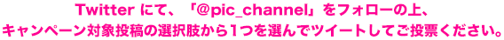 Twitter にて、「@pic_channel」をフォローの上、キャンペーン対象投稿の選択肢から1つを選んでツイートしてご投票ください。