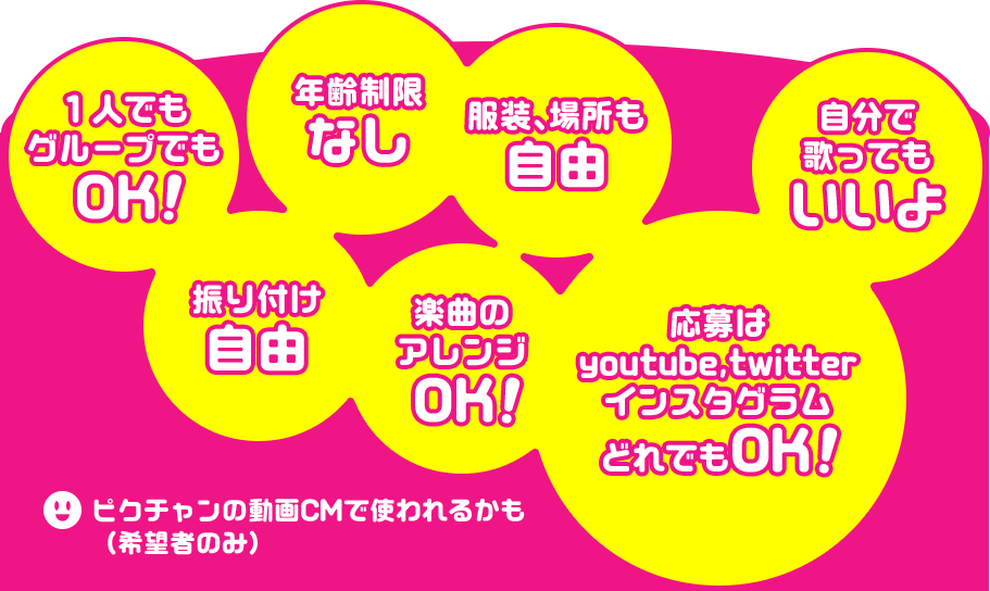 １人でもグループでもOK！ 年齢制限なし 振り付け自由 服装、場所も自由 楽曲のアレンジOK！ 自分で歌ってもいいよ 応募はYouTube,Twitter,インスタグラムどれでもOK！ ピクチャンの動画CMで使われるかも（希望者のみ）